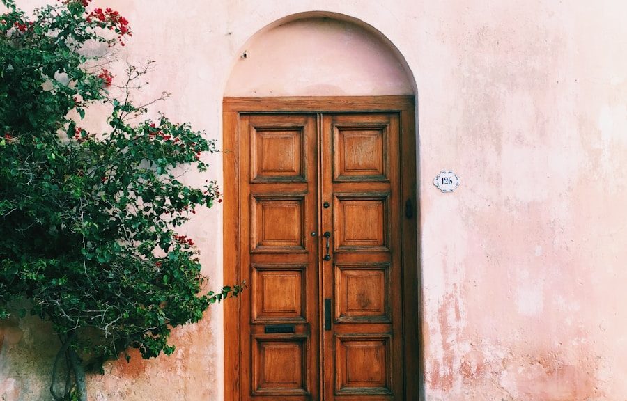 green plants beside brown wooden door